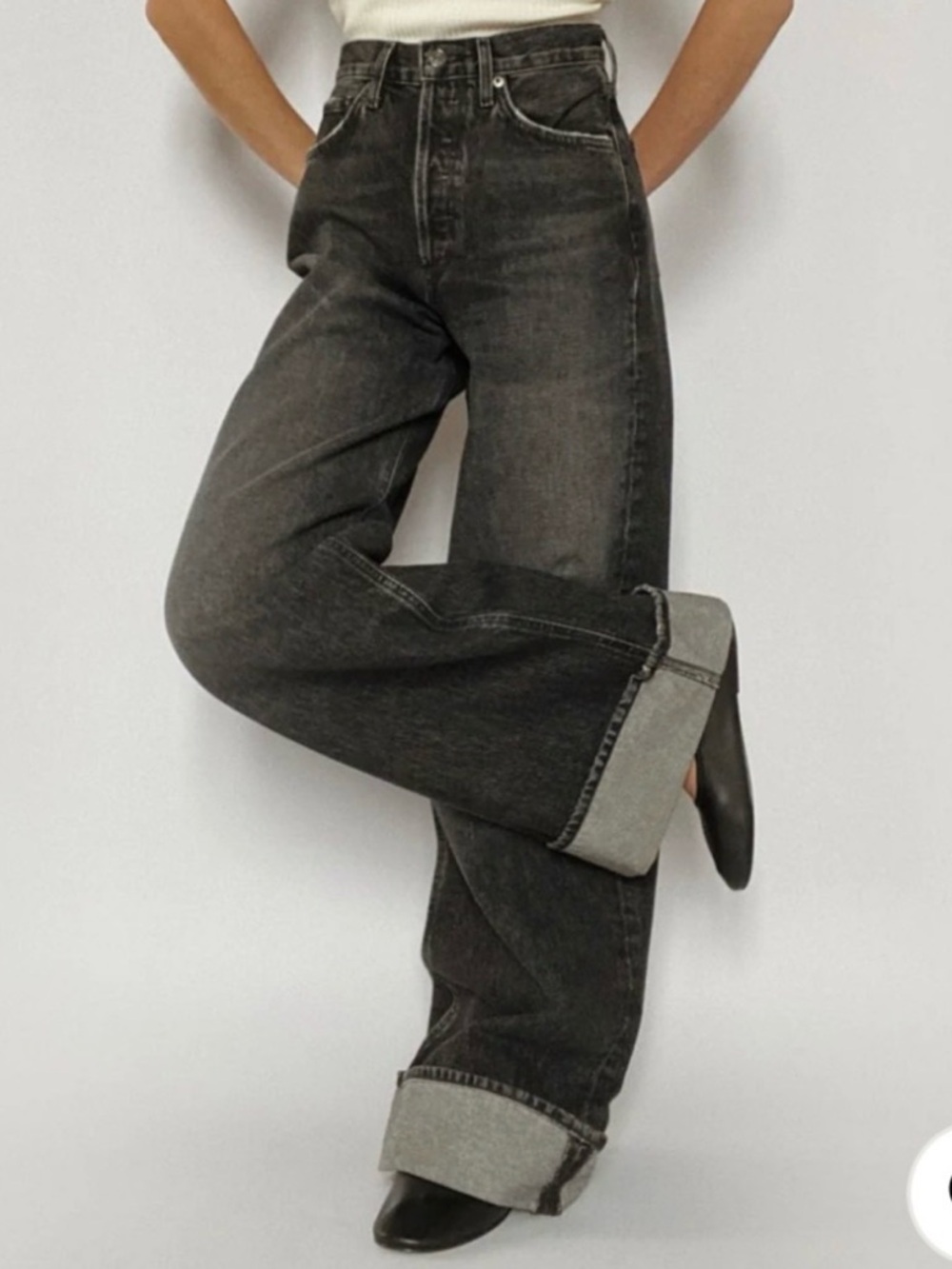 Agolde Black High-Rise Wide Leg Jeans with Button Fly Nwt - Picture 8 of 12